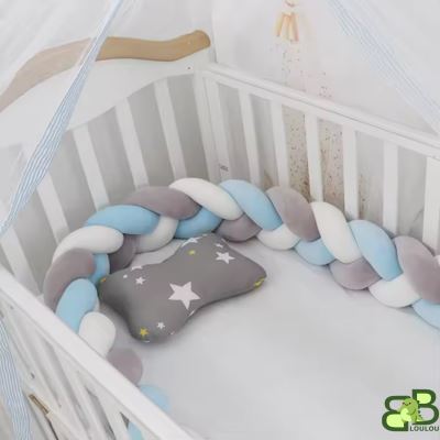 Tour de lit tresse bleu gris blanc