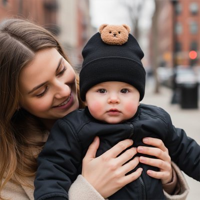 Bonnet bebe noir tête ours bruin