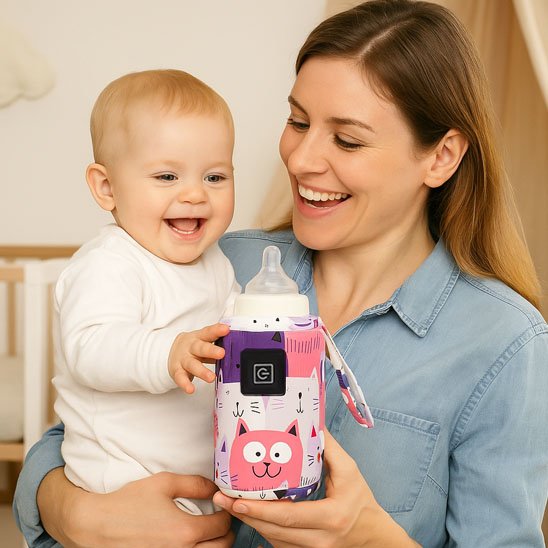 Chauffe biberon portable maman tient bébé et la bouteille