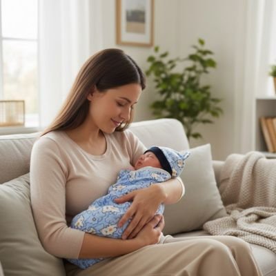 Couverture  d emmaillotage bébé bleu maman