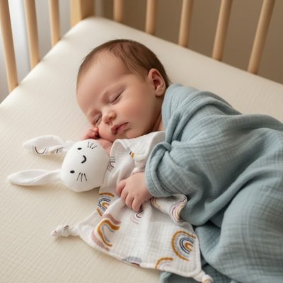 Doudou lapin bébé dort dans lit
