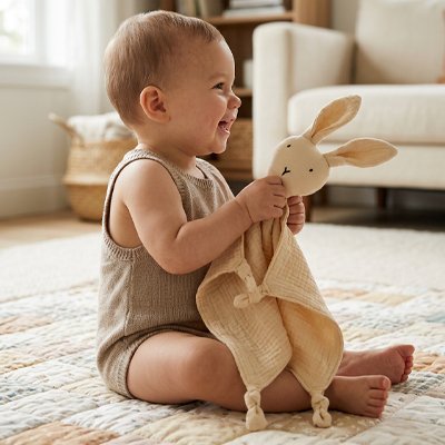 Doudou lapin beige enfant assit