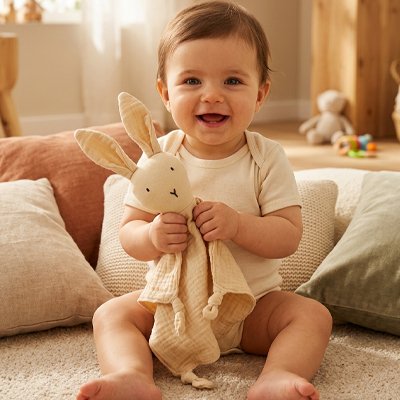 Doudou lapin  beige enfant sourit