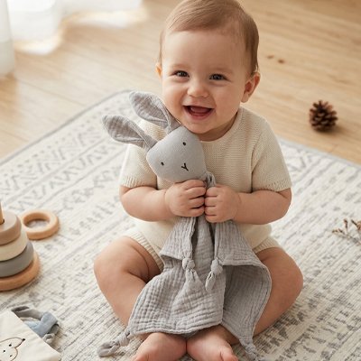 Doudou lapin gris bébé