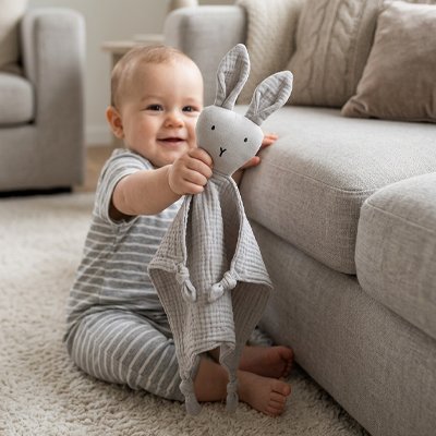 Doudou lapin gris enfant