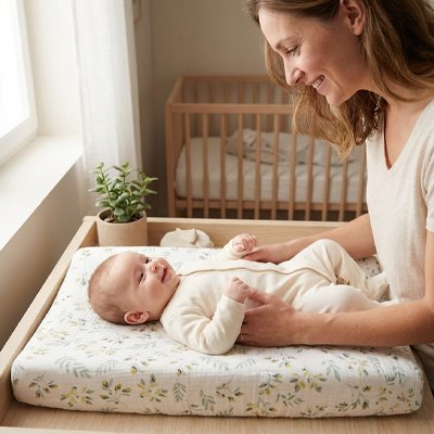 Housse matelas à langer fleurs beige
