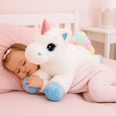 Licorne peluche bleu bébé dort