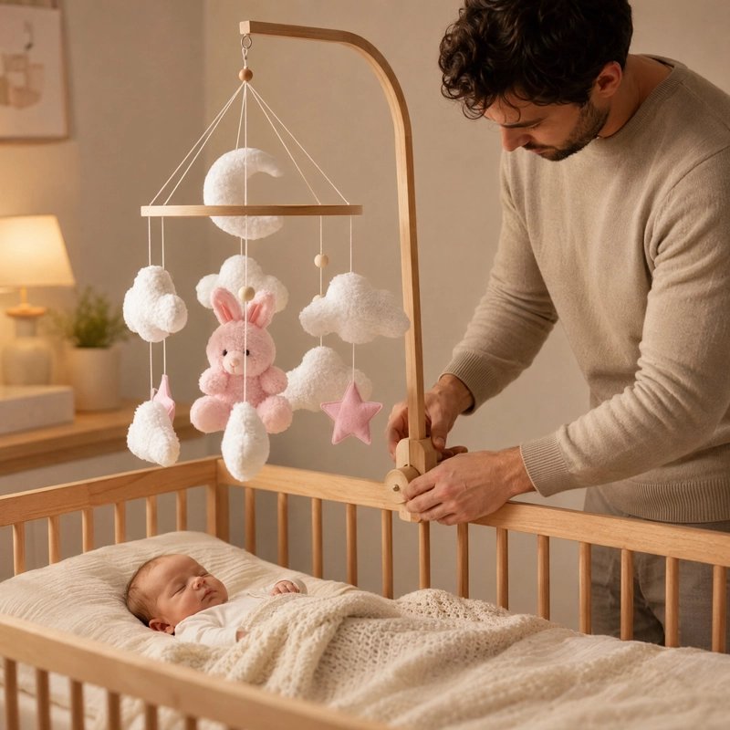 MOBILE BEBE EN BOIS lapin rose