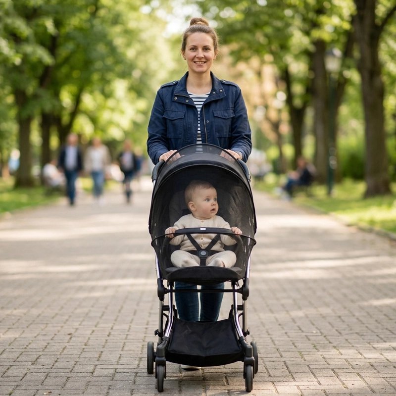 Moustiquaire poussette maman au parc