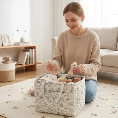 Panier rangement bébé Tendresse fleurs bleu maman