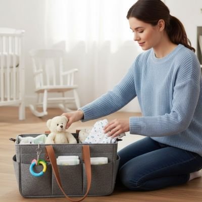Panier rangement bébé gris avec poches