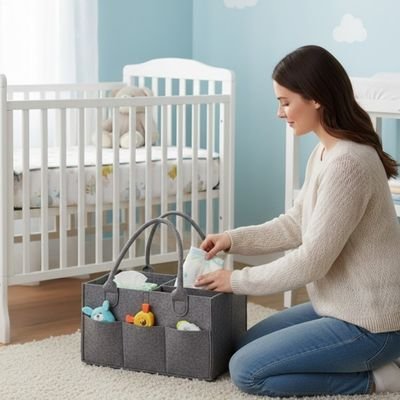 Panier de rangement bébé gris maman assit