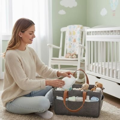 Panier rangement bébé gris poches maman