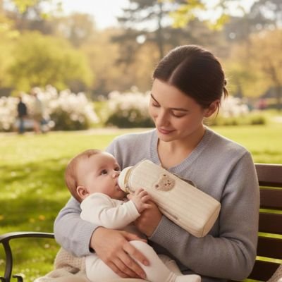 Porte biberon maman bébé sur le banc