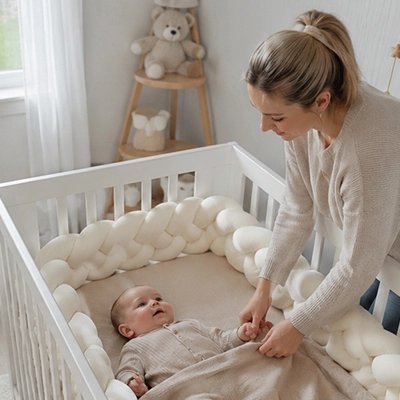 Tour de lit tresse blanc maman couvre bébé