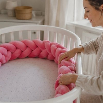 Tour de lit tresse rose maman dans chambre bébé