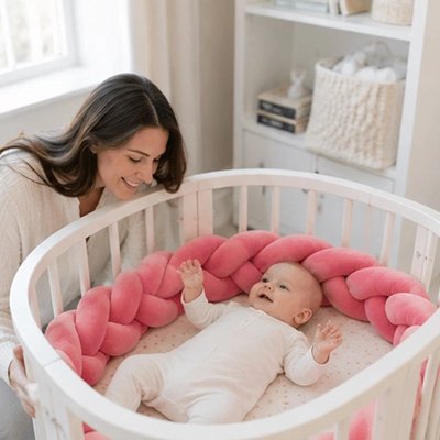 Tour de lit tresse rose maman regarde bébé